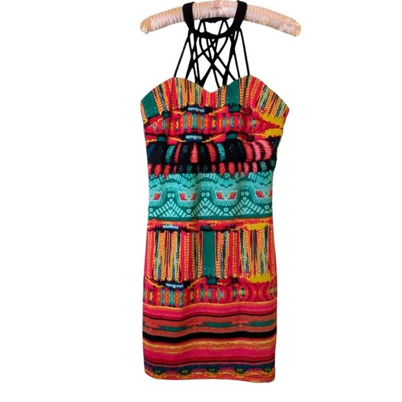 Bold Colored Tribal-Print Criss-Cross Halter Dress Size M (NWOT) - Picture 2 of 7